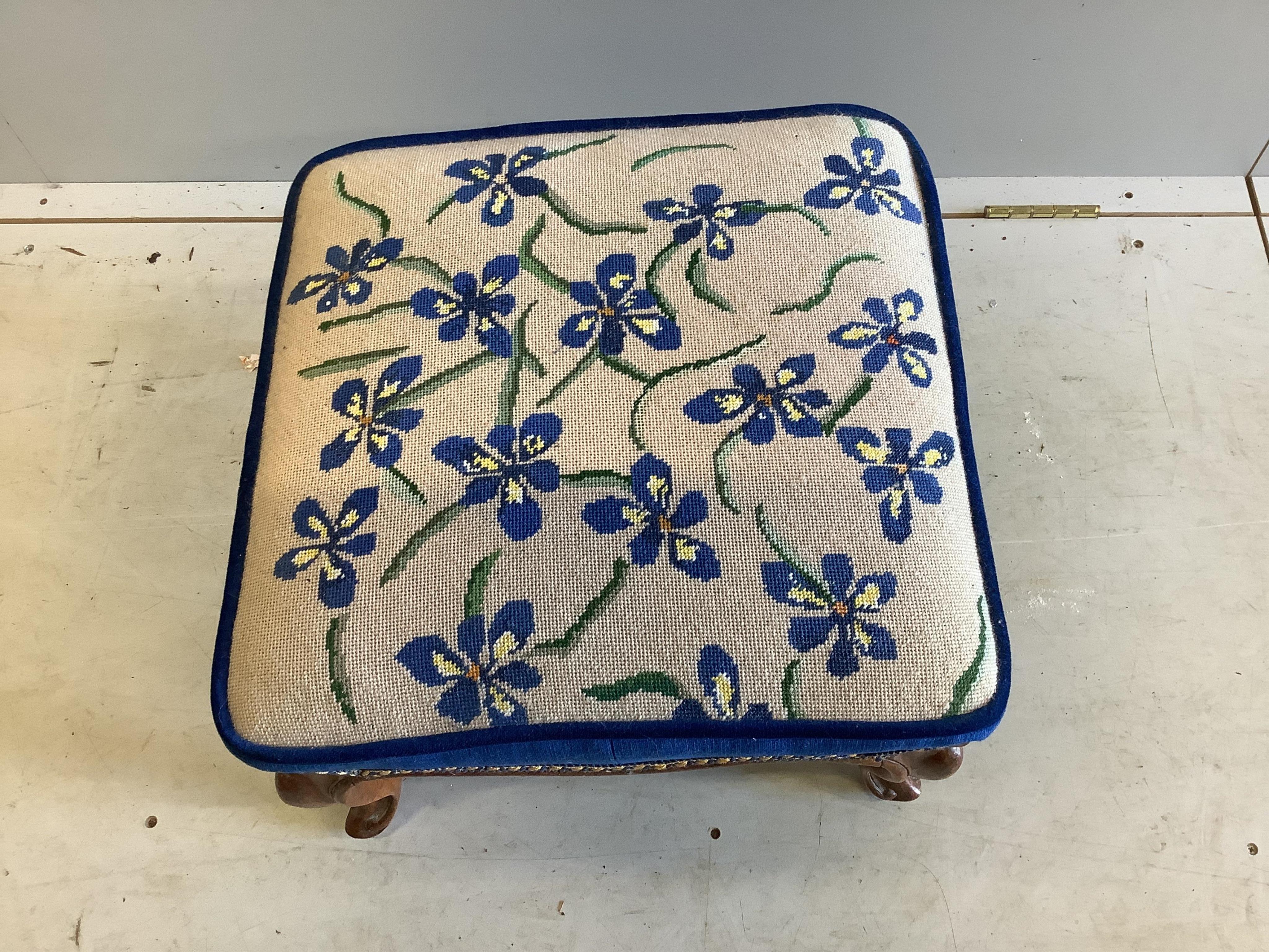 A Victorian mahogany tapestry upholstered stool, on short cabriole legs, width 46cm, depth 44cm, height 29cm. Condition - fair